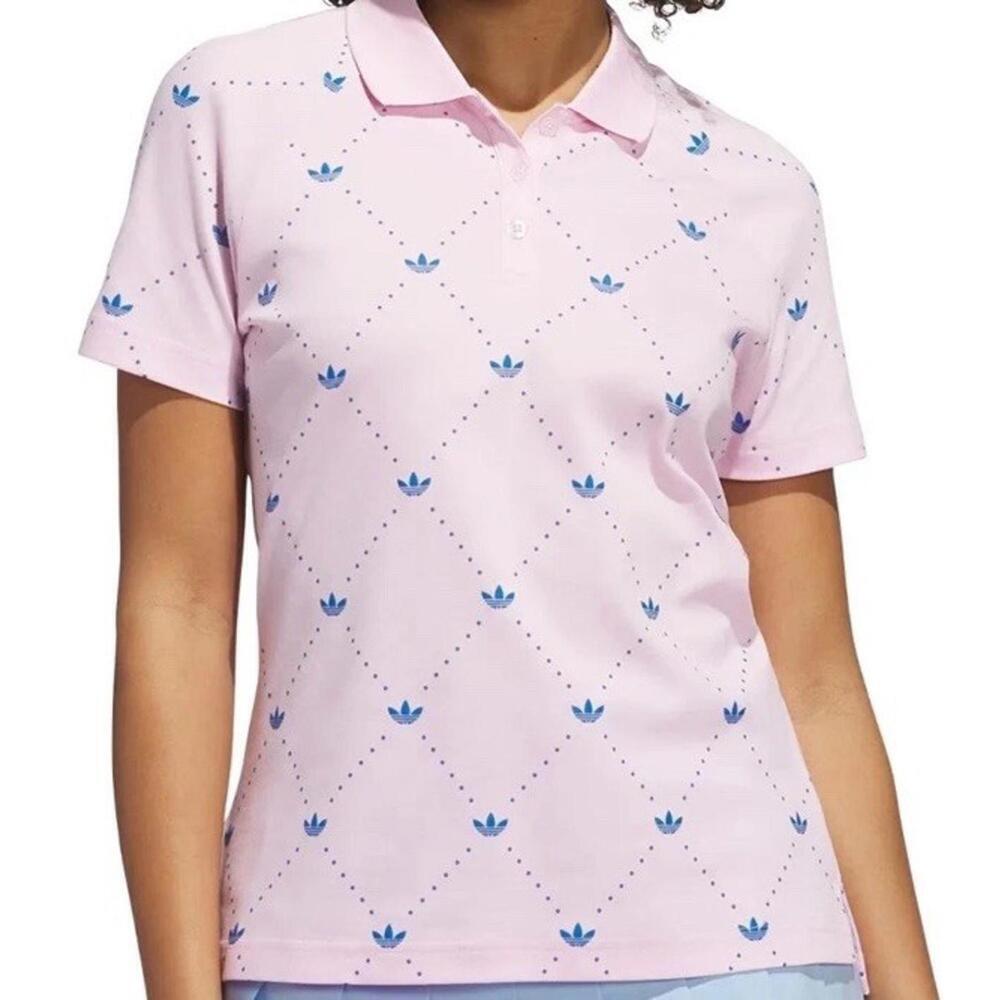 $90 NWT Women's Medium adidas Originals Printed Trefoil Golf Polo Pink Blue - Picture 5 of 8